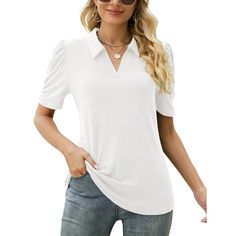 Brand New Women’s Short Sleeve Collared Polo V Neck Shirt Size: Large Color: White Business Casual Top, V Neck Shirt, Overalls Pants, Polo Shirt Women, Work Tops, Collared Shirt, Puff Sleeve Top, Tunic Blouse, V Neck Blouse