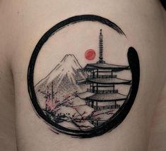 Framed Tattoo Japanese, Fine Line Samurai Tattoo, Japanese Frame Tattoo, Japanese Shrine Tattoo, Japanese Simple Tattoo, Shinto Tattoo, Japanese Mountain Tattoo, Mt Fuji Tattoo, Japanese Moon Tattoo