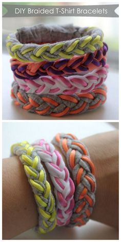 three different types of bracelets on someone's arm, each with different colors