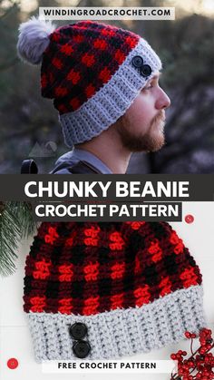 the chunky plaid beanie crochet pattern is shown in red and white