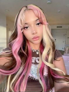 Pink Blue Blonde Hair, Napoleon Hair Color, Neopolitan Curly Hair, Neopolitan Hair Dye, Blonde And Color Hair Ideas, Neopolitan Hair Curly, Neapolitan Makeup, Neopolitan Hair Highlights Curly, Neapolitan Curly Hair