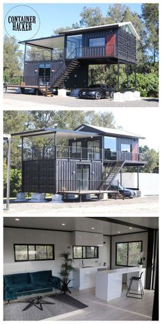 two pictures showing the inside and outside of a shipping container with stairs leading up to it