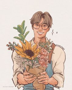 a drawing of a man holding a bouquet of flowers in his hands and smiling at the camera