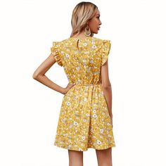 Pattern: flowerApplicable age: 18-24 years oldLength: MiddleCollar type: Round neckSleeve length: Short sleeveColor: yellow Short Sleeved Dress, Ruffle Flower, Floral Print Dress Long, Ruffle Fabric, Orange Skirt, Flower Shorts, Floral Dresses Long, Bohemian Clothes, Short Skirt