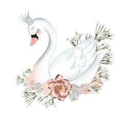 a white swan with flowers and a crown on its head