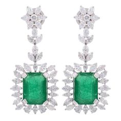 These exquisite earrings are handcrafted in 18-karat gold. It is set in 9.26 carats emerald and 3.60 carats of sparkling diamonds. FOLLOW MEGHNA JEWELS storefront to view the latest collection & exclusive pieces. Meghna Jewels is proudly rated as a Top Seller on 1stDibs with 5 star customer reviews. All items manufactured by us are handmade and can be customized or redesigned. Certificate available upon request. Composition Total Weight :- 11.95 gram 18k White Gold Weight :- 9.378 gram Diamond W Emerald Earrings Wedding, Diamond Emerald Earrings, Emerald Cut Diamond Earrings, Emerald Cut Stud Earrings, Emerald Diamond Earrings, Marquise Shape Diamond, Jewelry Details, Gold Armband, Expensive Jewelry