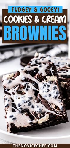 fudgey and gooey cookies and cream brownies on a white plate with text overlay