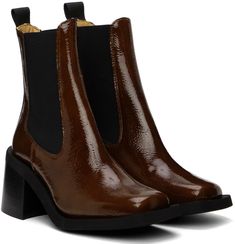 Brown Heeled Chelsea Boots by GANNI on Sale Brown Patent Leather Work Boots, Brown Patent Leather Boots, Heeled Chelsea Boots, Low Heel Boots, Brown Square, Brown Leather Shoes, Shoes Boots Ankle, Low Heel Shoes, Brown Heels