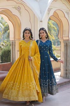 Designer yellow gown for women USA, Indian ethnic Georgette gown for festive, Indian dressing gown for function, wedding gown for bridesmaid GOWN   :- 👇 Color : 1) Yellow Brown 2) Blue Dianne  👉🏻 GOWN   :- 👇 👉🏻 FABRIC & WORK:- Faux Georgette with Zaria & Sequins Embroidery. 👉🏻SIZE:-M(38''),L(40''),XL(42''),XXL(44'') 👉🏻LENGTH:-56 INCH 👉🏻FLAIR:-3.5 Mtr 👉🏻LINING:-Cotton (Full Inner Top To Bottom) 👉🏻SLEEVE:-Full Sleeves 👉🏻NECK TYPE:-Fancy V Neck 👉🏻DUPATTA :-👇🏻 👉🏻FABRIC :- Fau Georgette Gown, Gown With Dupatta, Fabric Work, Yellow Gown, Party Wear Gown, Anarkali Gown, Party Kleidung, Gowns Online, Anarkali Dress