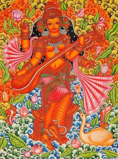 Saraswati Keral Mural Lotus Mural, Kerala Painting, Devi Saraswati, Hindu Cosmos, Goddess Saraswati, Art Studio Design