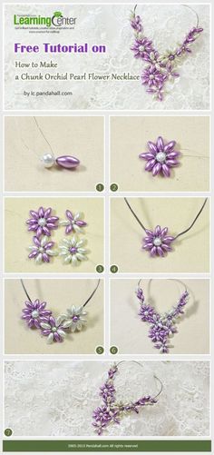 the instructions for how to make an origami flower necklace with beads and pearls