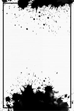 black ink splattered on white paper with a square frame in the middle and an empty