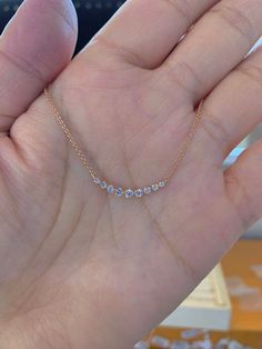 "This stylish and chic Floating diamond bar necklace is great for your everyday wear. The natural diamonds are all white and super sparkly. Excellent craftsmanship on this necklace, will lay nicely on the neck, won't flip around. The chain length can be adjustable from 18\" to 17\" or to 16\" with extra loops. Perfect necklace to wear by itself or layer with other necklaces. The chain is smooth and strong. Genuine round brilliant cut diamonds total weight: 0.42 Carats Clarity: SI1 Color: F 18K Y Diamond Necklace Chain, Diamond Bar Necklace With Diamond Accents As Gift, Fine Jewelry Diamond Bar Necklace, Anniversary Diamond Necklace With Clavicle Chain, Diamond Bar Necklace Fine Jewelry Gift, Fine Jewelry Diamond Bar Necklace As Gift, Diamond Bar Necklace Gift Fine Jewelry, Fine Jewelry Diamond Bar Necklace Gift, Rose Gold Diamond Necklace With Moissanite And Diamond Accents