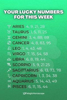 the zodiac sign for lucky numbers is displayed on a green background with white lettering that reads your lucky numbers for this week