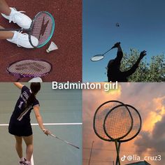 there are four different pictures with tennis rackets on the same photo and one has a woman holding a racquet in her hand