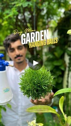 a man is holding up some plants in his hands with the words garden hanging balls on it