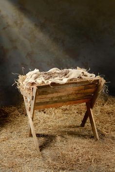 a baby jesus in a manger with hay