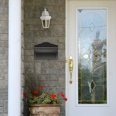 a potted plant sitting in front of a door with a mailbox on it