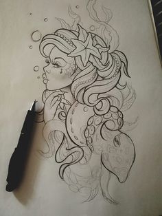 Mermaid And Shell Tattoo, Sea Witch Drawing, Mermaid Drawing Tattoo, Mermaid Tattoo Designs Sketches, Neotraditional Mermaid, Sea Witch Tattoo, Mermaid Pinup Tattoo, Capricorn Mermaid Tattoo