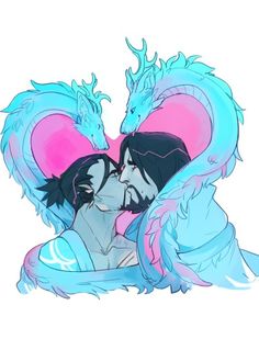 two people are kissing in the water with their faces covered by blue and pink feathers