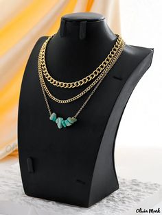 Olivia Mark - Turquoise Chunky Chain Layered Necklace with Bohemian Inspired Design Chain Layered Necklace, Natural Stone Necklace, Fashion Geometric, Natural Stones Necklace, Flower Hair Accessories, Rhinestone Heart, Seamless Bra, Layered Necklace, Beauty Bag