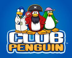 the logo for club penguin with three penguins