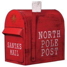 a red mailbox with santa's pole post written on the front and side