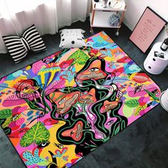 a brightly colored area rug on the floor