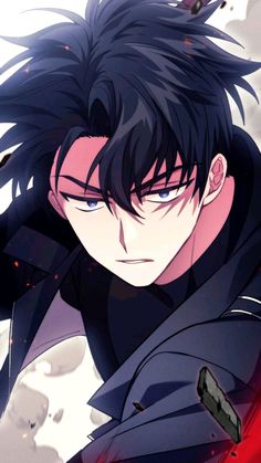 an anime character with black hair and blue eyes