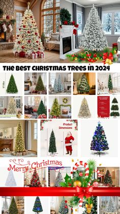 christmas trees in different styles and colors are shown with red ribbon around them, along with the words best christmas trees in 2014