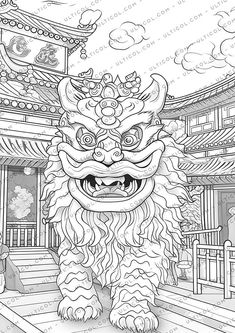 a black and white drawing of a lion in front of a chinese building with clouds