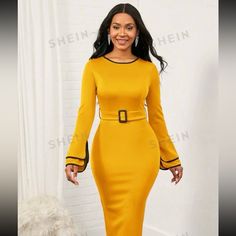 Lady Contrast Binding Flounce Sleeve Belted Bodycon Dress Yellow & Black Elegant Yellow Long Sleeve Bodycon Dress, Elegant Yellow Belted Dress, Fitted Yellow Belted Dress, Celestial Dress, Black Women Dress, Long Sleeve Evening Dresses, Shein Dress, Floor Length Gown, Shein Dresses