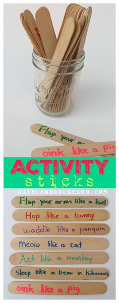 wooden spoons in a glass jar with words on them and an activity stick for kids