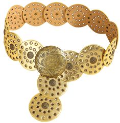 PRICES MAY VARY. Material: This hollow wide disc belt is made of high quality PU leather and alloy. Exquisite appearance and delicate workmanship will give you a sense of high class when you wear it. Flexible size: This women's hollow wide disc belt comes in four lengths to fit most people. Width approximately 8.8CM/3.5IN. Sizes include S (total length: 39.7 inches, suitable for individuals under 120 lb), M (total length: 47.2 inches, suitable for individuals under 140 lb), L (total length: 53.1 Gold Belts With Antique Buckle And Adjustable Fit, Bohemian Gold Belt For Festival, Adjustable Gold Bohemian Belt, Gold Bohemian Belt For Festivals, Gold Adjustable Bohemian Belt, Gold Bohemian Adjustable Belt, Gold Bohemian Festival Belt, Disc Belt, Waist Belts