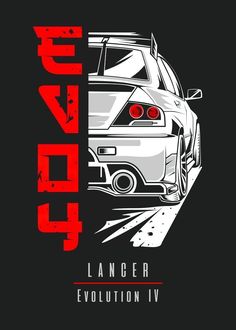 the back end of a white car on a black background with red lettering that reads, lancer evolution iv