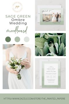 the sage green ombree wedding mood board is featured in this postcard design