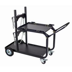 a black cart with two shelves and wheels