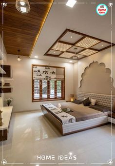 the interior of a bedroom with white tile flooring and wooden ceiling fan light fixtures