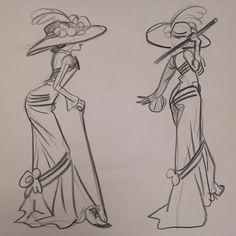 two drawings of women in dresses and hats