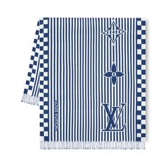 a blue and white striped scarf with louis vuitton on it