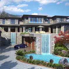 a house with a car parked in front of it and a waterfall running down the side