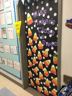 a classroom door decorated with candy corns and the words miss tinker's class is sweet