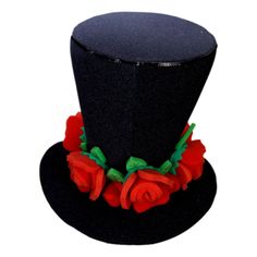 This Red Roses Black Bride Hat will definitely make you stand out at your next Party, Hora Loca, Wedding, Corporate Event, Birthday, Quinceanera, or Halloween Party! It can be used as a wedding hats, top hats, photo booth props, or a party favor. Novelty High Crown Costume Hats For Parties, High Crown Halloween Costume Hat For Party, Halloween Party Costume Hat With High Crown, Halloween Costume Hat Accessories, Novelty Top Hat For Carnival Party, High Crown Mini Hats For Halloween Party, Adjustable Top Hat For Halloween Party, Halloween Party Mini Hat With High Crown, Black Hat For Party Costume Accessories