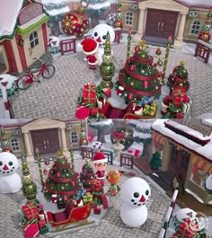 a christmas scene with snowmen, santa clause and other holiday decorations on the street