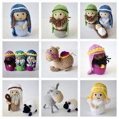 twelve crocheted nativity figurines in different styles and colors