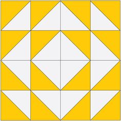 a yellow and white quilt block with four different squares in the same square, one is diagonal