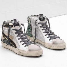 Golden Goose Slide Sneakers In Green And Silver! So Cute And Rare, Sold Out Everywhere Used Condition But Tons Of Life Left, I Just Spent $100 Getting Them Re-Soled So The Bottom Is Completely New. Eu Size 38, Can Fit A Us 7.5/8/8.5 I Would Say Originally $650 Silver High-top Sneakers With Glitter Accents, Silver High-top Sneakers With Speckled Midsole, Silver High-top Sneakers With Laces, Golden Goose Silver, Golden Goose Slide, Shoes Golden Goose, Sneakers Green, Green And Silver, Golden Goose Shoes