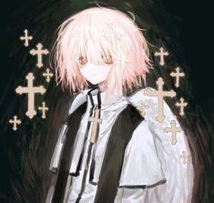 an anime character with pink hair and crosses on his chest, standing in front of a black background