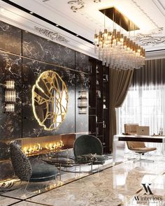 an elegant living room with chandelier, fireplace and marble flooring in black and gold tones