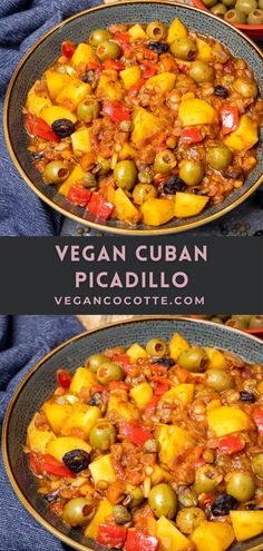 two bowls filled with different types of food on top of each other and the words vegan cuban picadillo above them